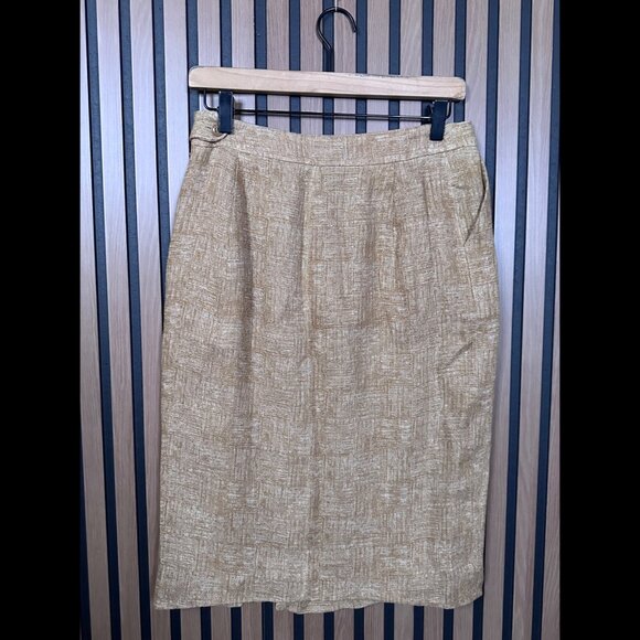 Armani Skirt 8 / M Beige Tweed 100% Linen Pencil High Slit Midi Made in Italy - Picture 2 of 8